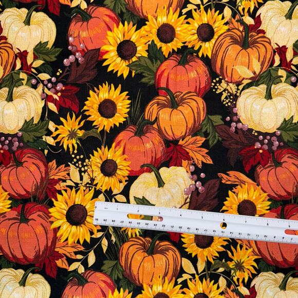 Bountiful Harvest Metallic Gold Sunflower Pumpkin Cotton Fabric - 1/2 Yard - Picture 3 of 6